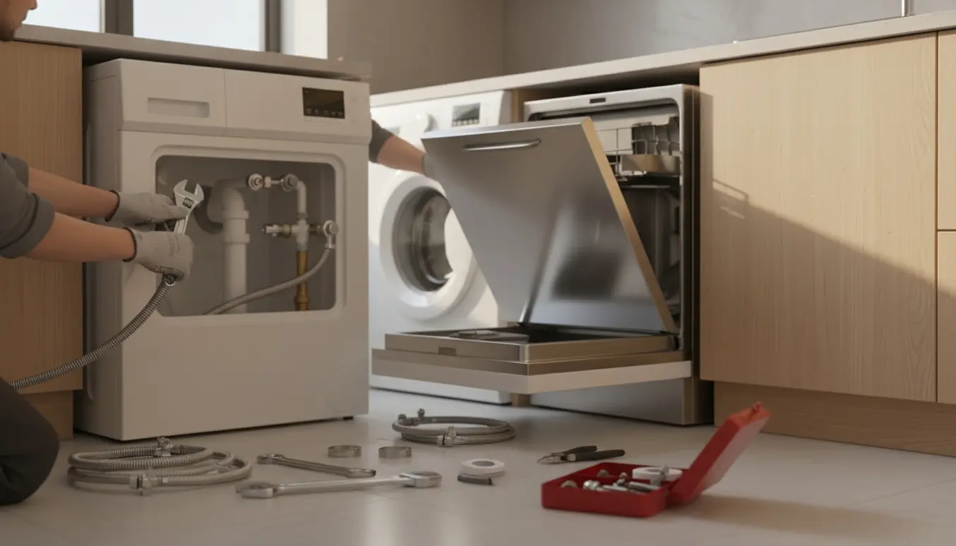 Hænder tilslutter slanger og ventiler til en vaskemaskine og en opvaskemaskine i et lyst lejlighedskøkken.