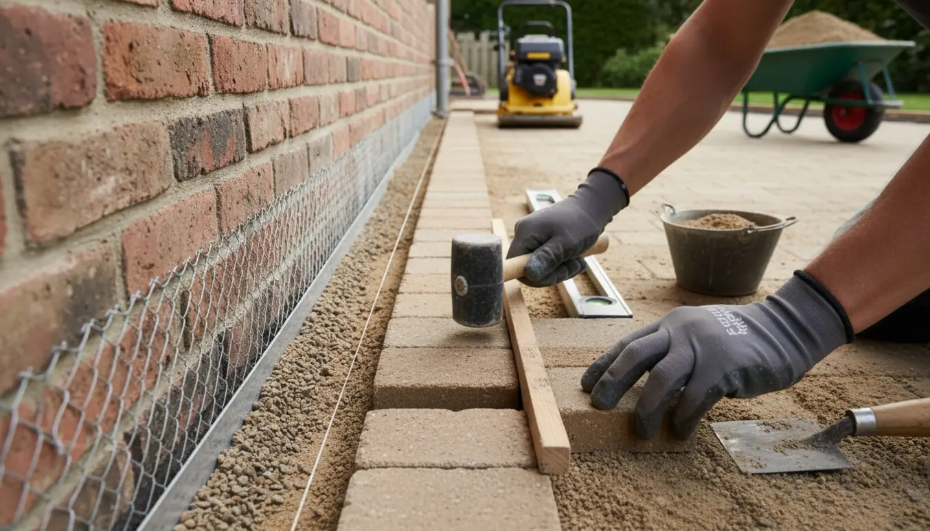 Nærbillede af lægning af en 4,5 m lang, 27 cm bred række Holmegårdsten langs husmuren for at erstatte skærver og lukke for rotter.