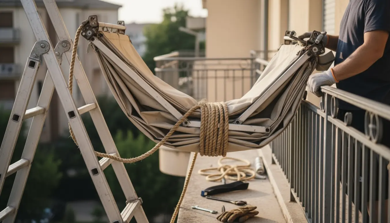 Nedtagning af en 2,8 m markise fra en altan på 1. sal med stige, reb og handsker, hvor ansigter ikke er synlige.