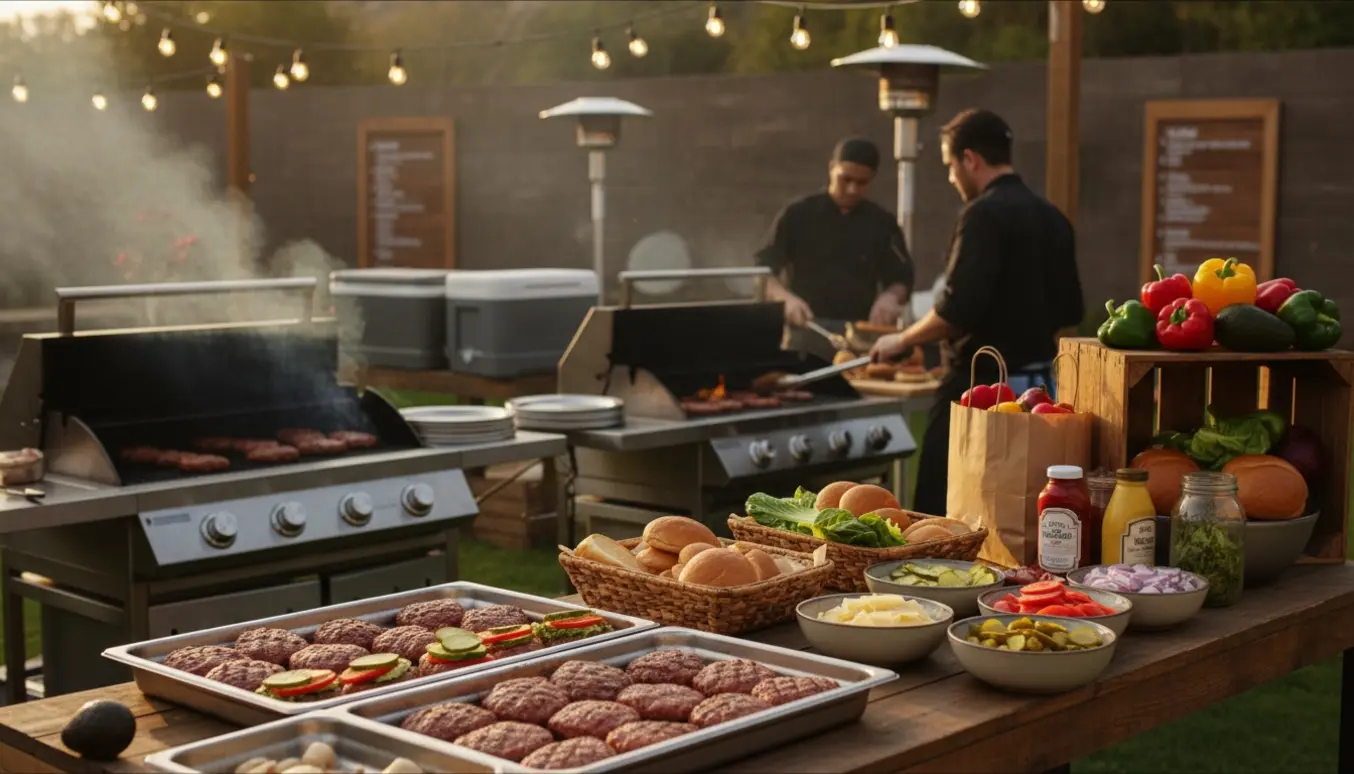 To kokke forbereder og griller mange burgere ved store grill til en fest.