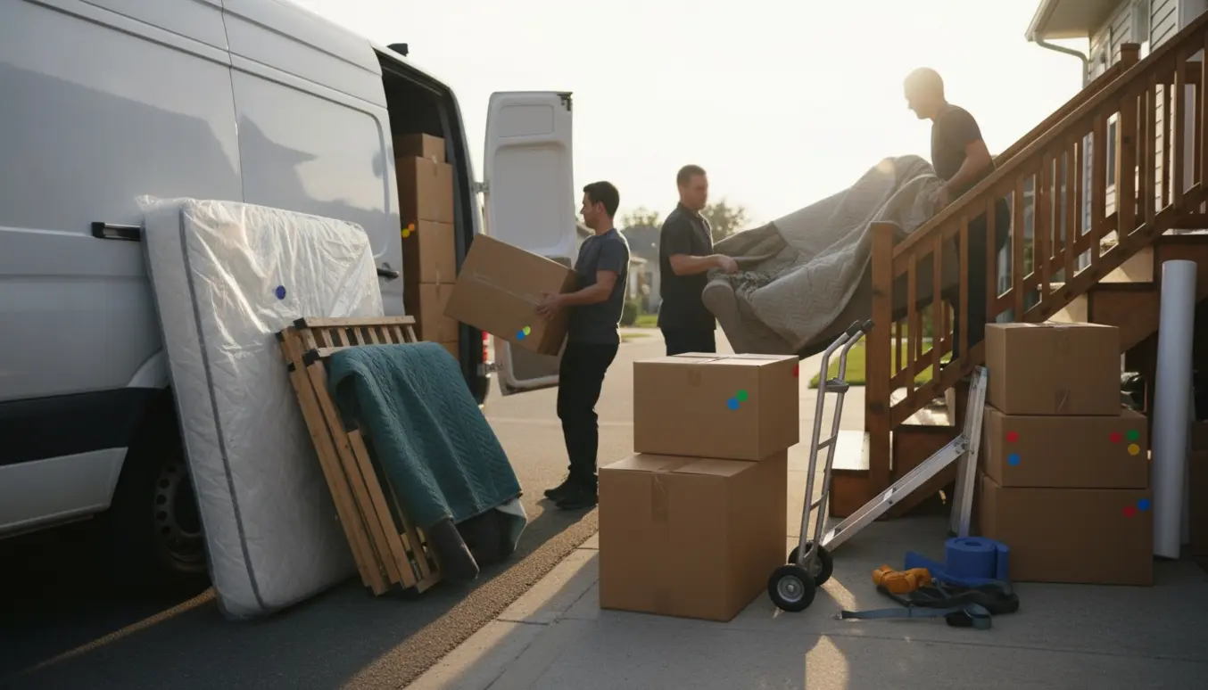 To flyttefolk bærer en sofa op ad en trappe med pakkede kasser og en varevogn i baggrunden.