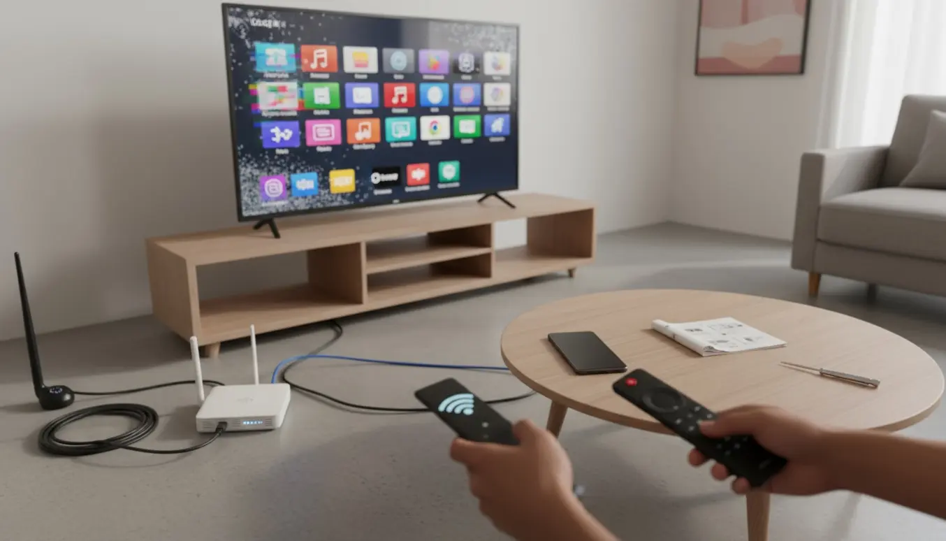 Et moderne fjernsyn viser en frossen app-skærm, en hånd holder en fjernbetjening, og en router med et løst netværkskabel ligger ved siden af.