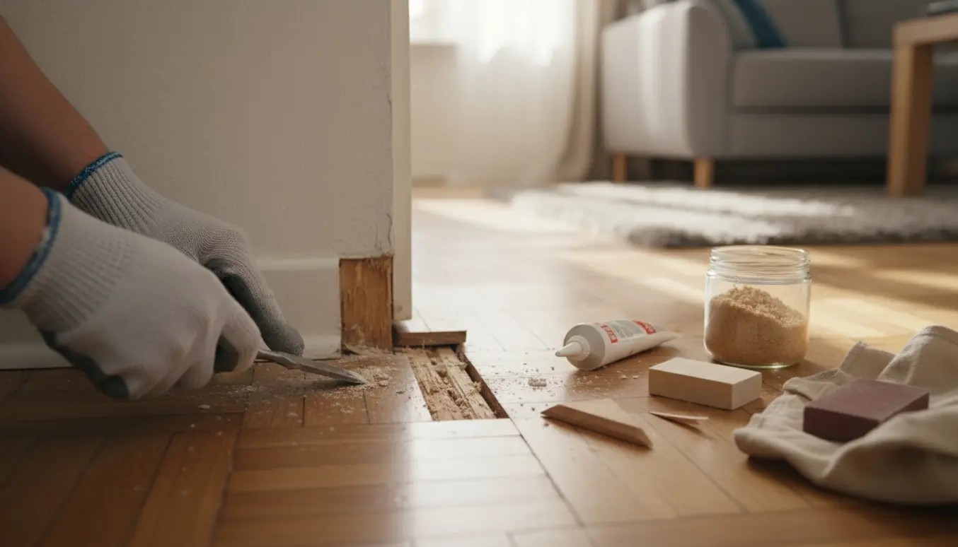 Nærbillede af revne mellem væg og trægulv med en ødelagt parketstav og hænder, der arbejder med reparationsværktøj.