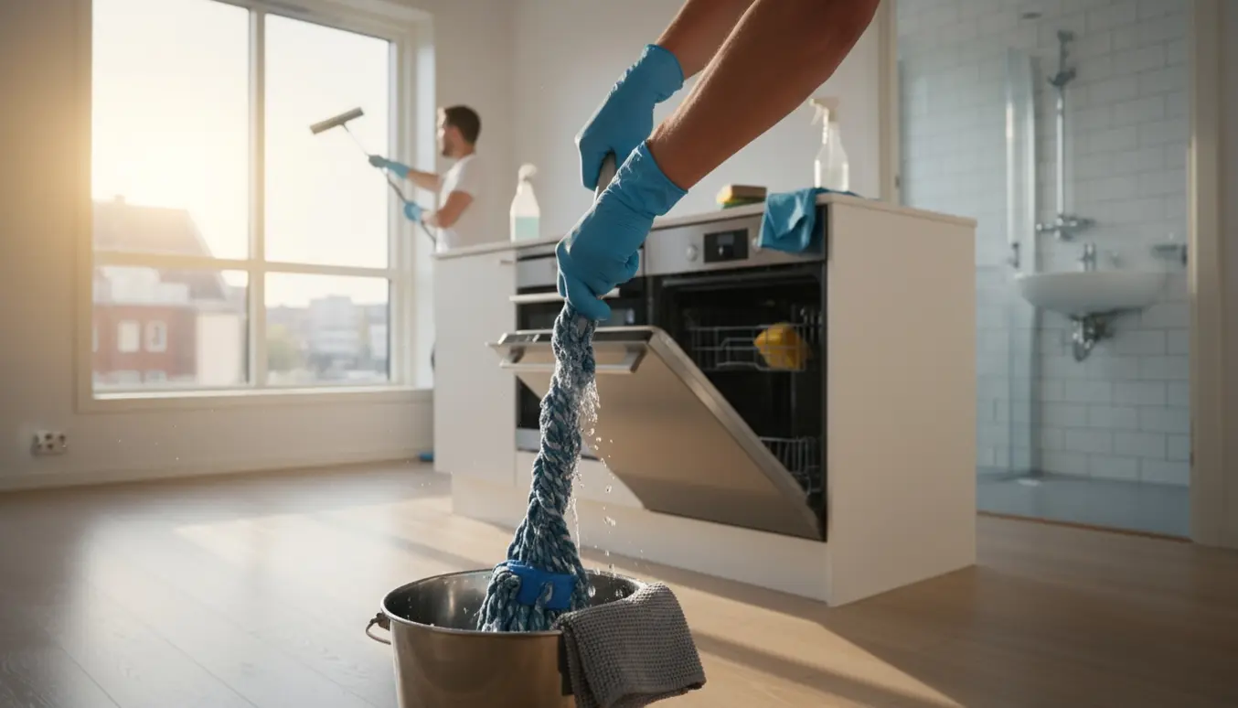 Handskerede hænder mopper gulvet og pudser vinduer i en lys, tom lejlighed.