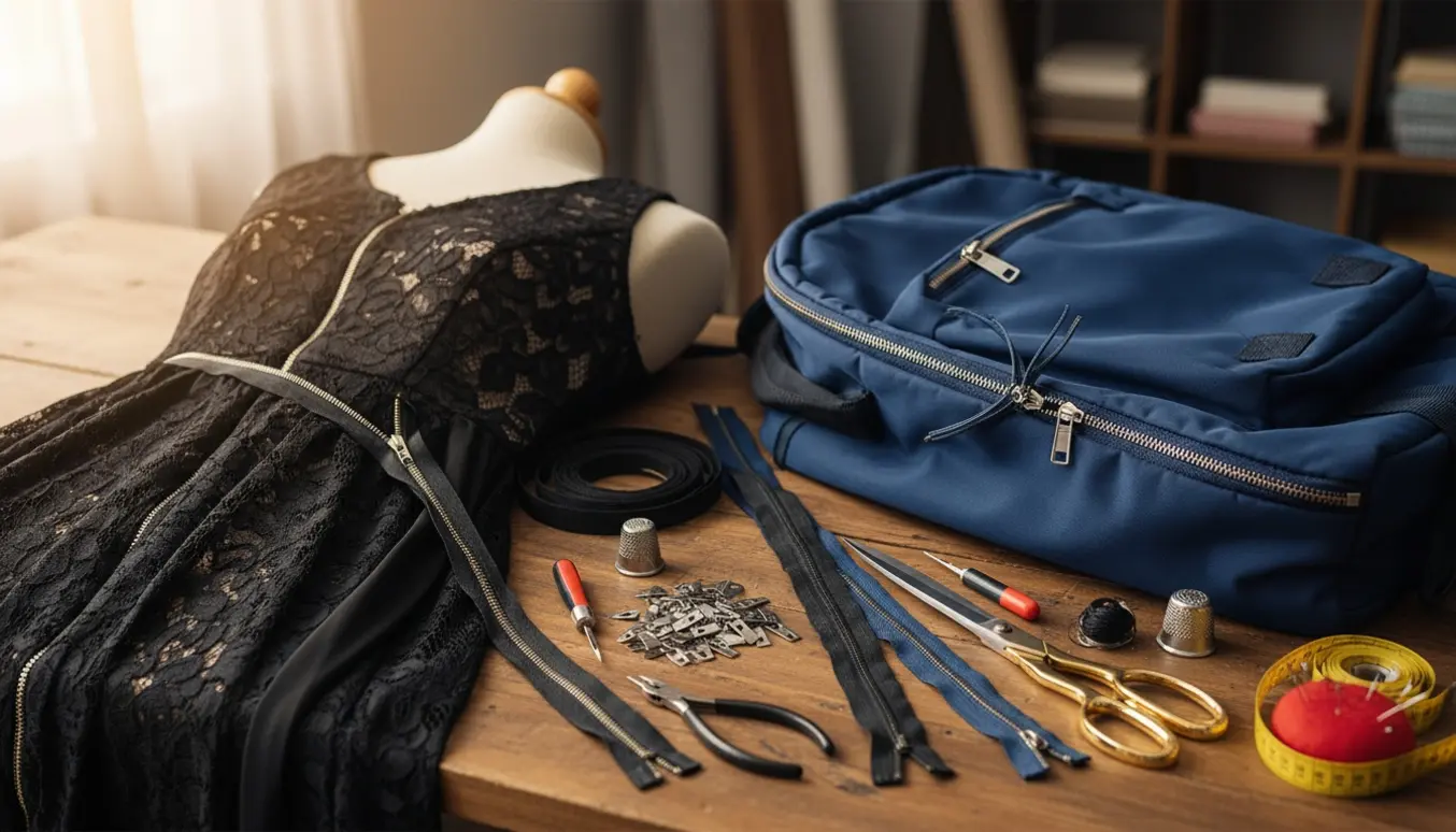 Nærbillede af en sort kjole og en blå rygsæk med ødelagte lynlåse og syværktøj klar til udskiftning.