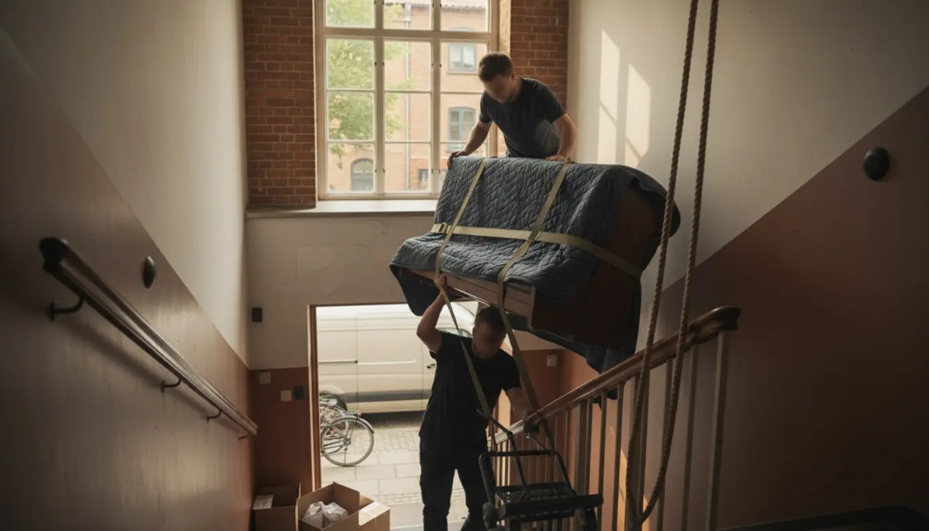 Et lille klaver bæres omhyggeligt op ad en smal trappe af flyttemænd med tæpper og stropper.