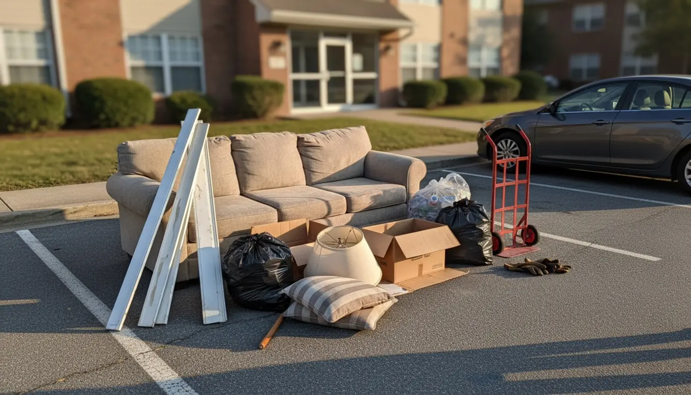 Stak med affald ved kantsten: hjørnesofa, malede fodpaneler, fyldte sække og en parkeret bil ved en boligindgang.