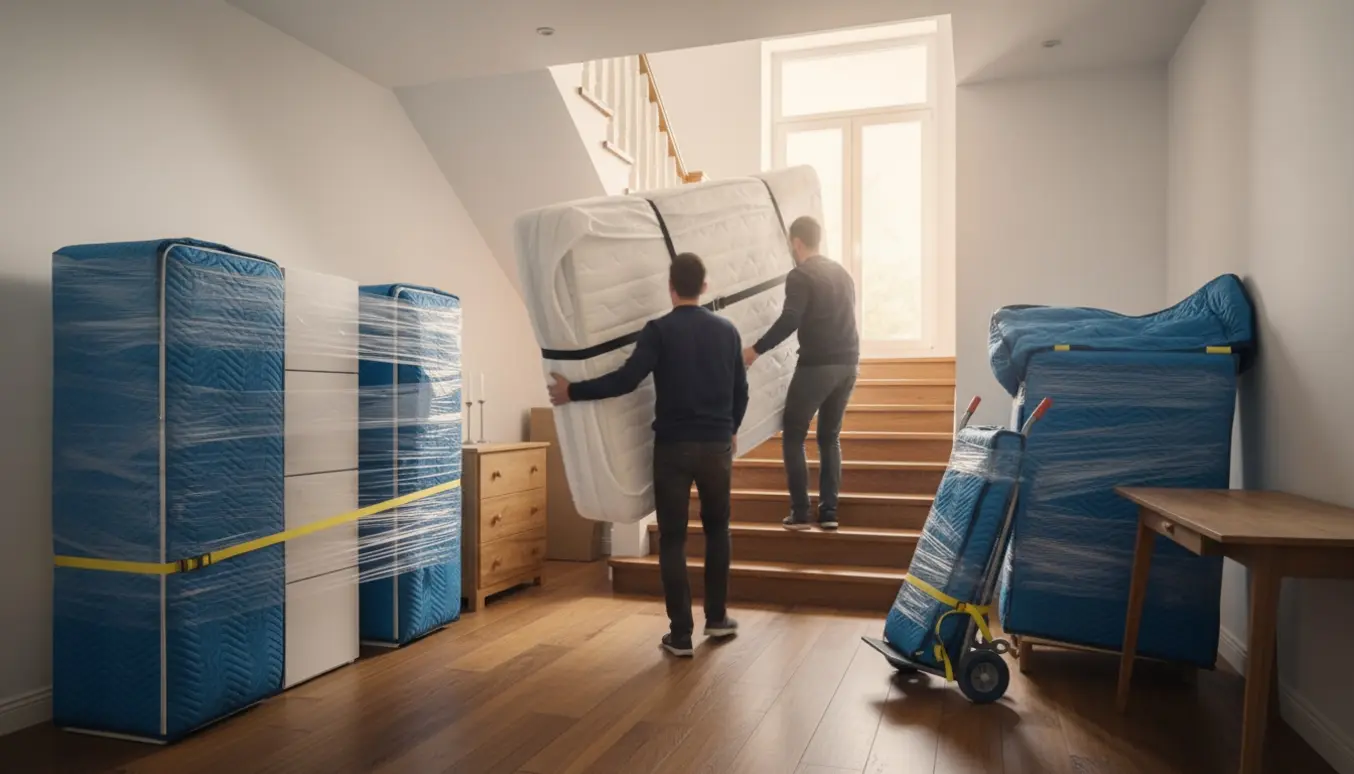 Flyttefolk bærer en 180x200 elevationsseng op ad en trappe i et rækkehus mens store skabe og møbler er pakket til opbevaring.