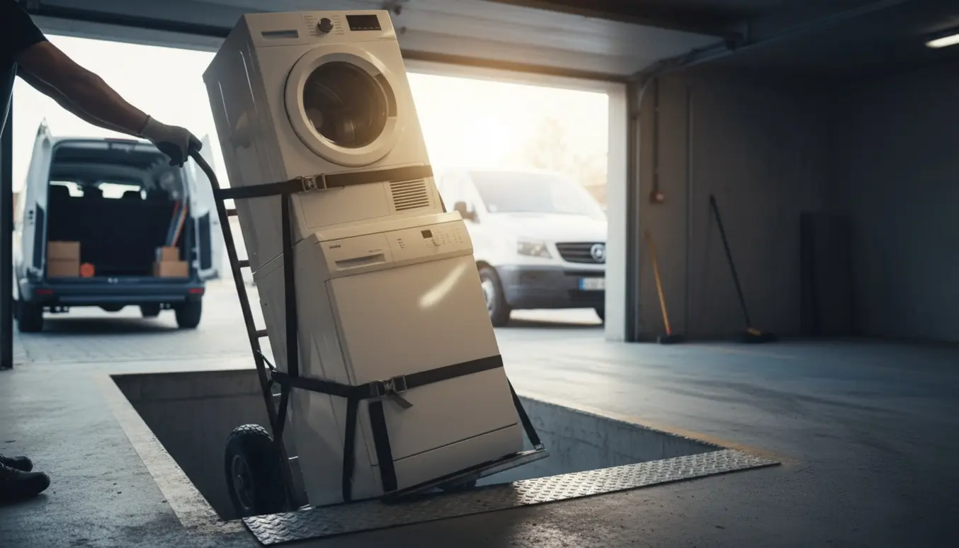 Opvaskemaskine, vaskemaskine og tørretumbler rulles fra en parkeringskælder op til en varevogn ved gadeplan.