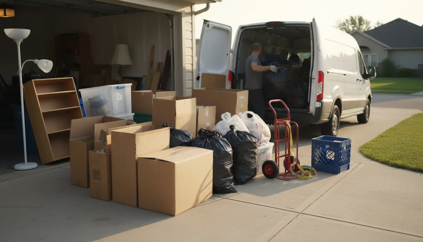 Varevogn parkeret ved åben garage med pap, sække og mønstre af affald klar til afhentning.