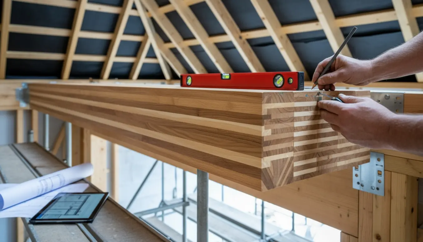 Glulam-bjælke over stort vinduesparti på nybyggeri, med målebånd og håndværkerhænder ved siden af.