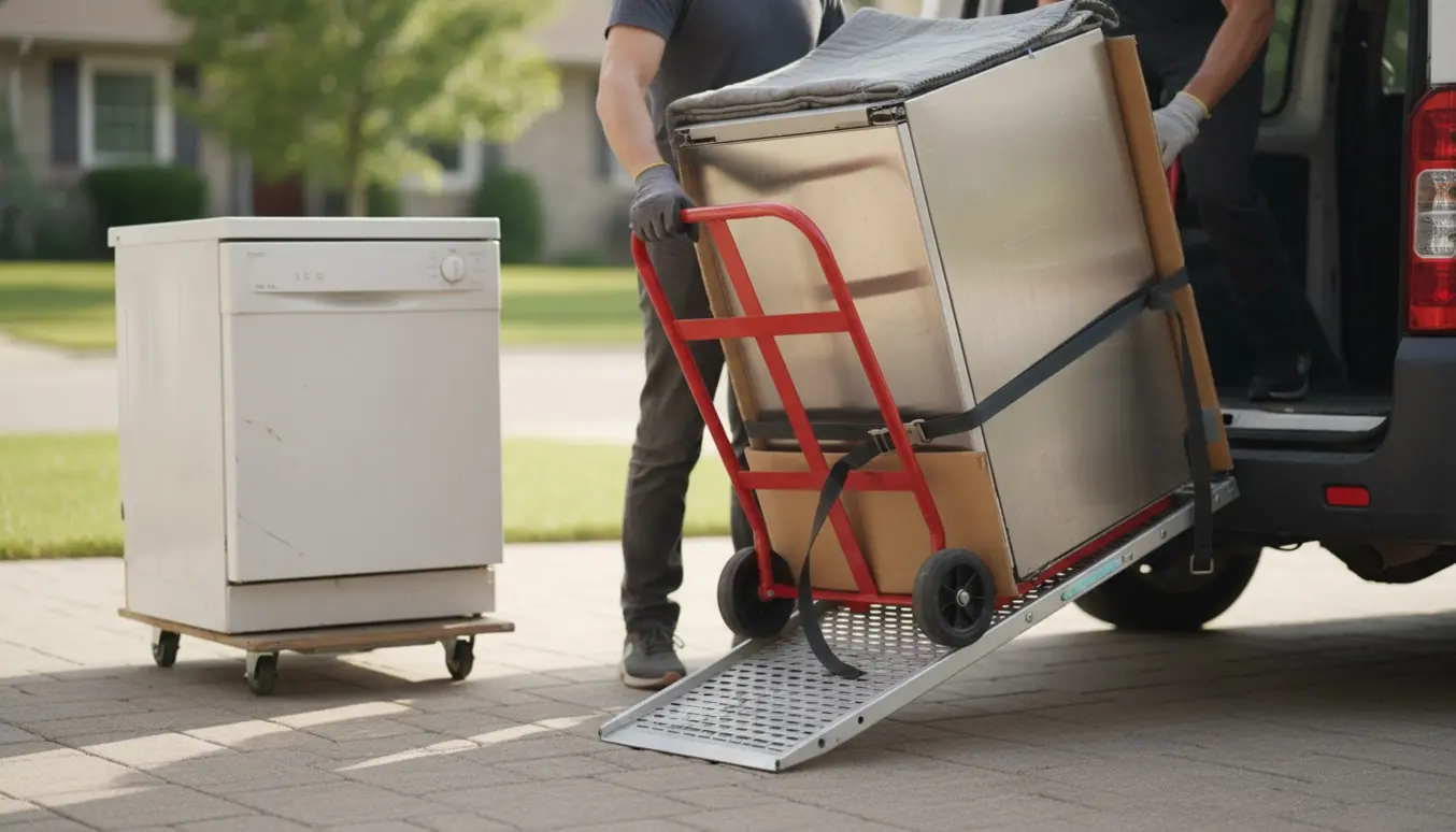 En brugt opvaskemaskine bliver læsset i en varevogn fra en privat indkørsel, mens en gammel maskine står klar til bortskaffelse.