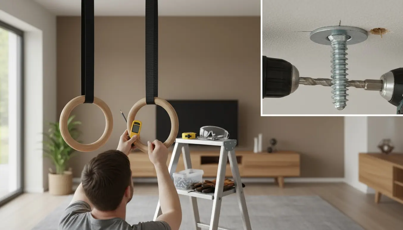 Hænder monterer gymnastikringe i et gipsloft med søgefelt, boremaskine og kraftige skruer.