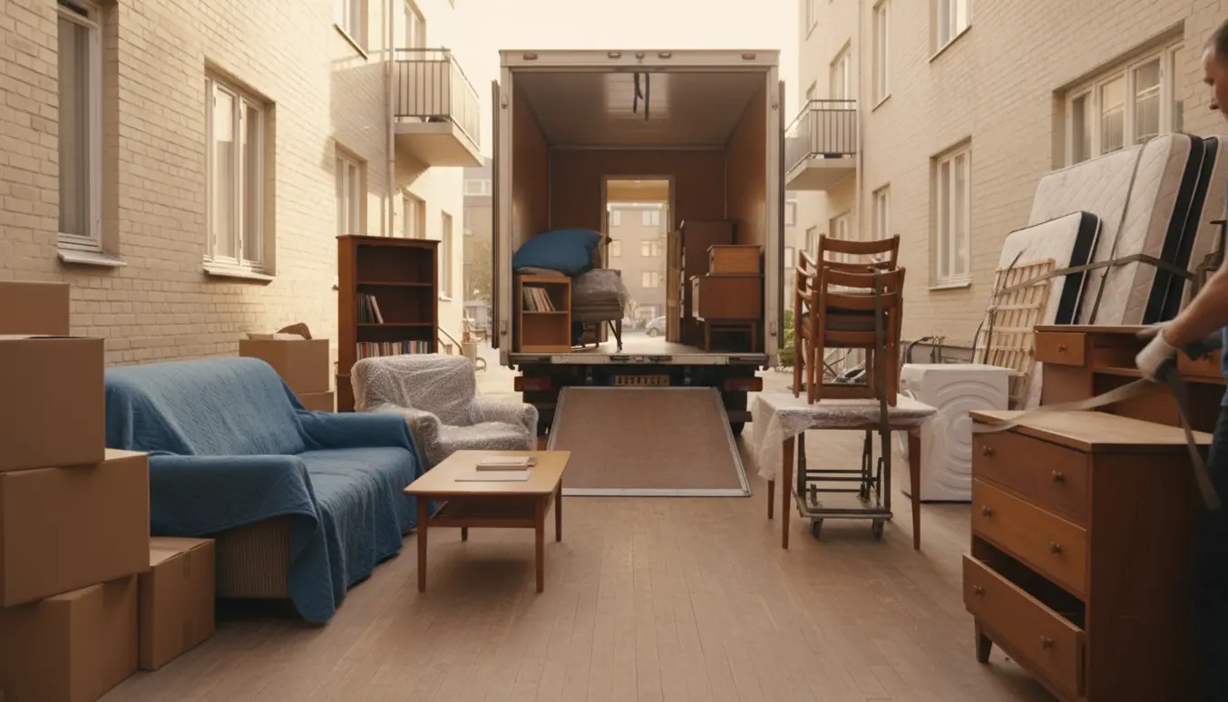 Flyttefolk læsser møbler og en vaskemaskine ind i en åben flyttevogn foran en lejlighed.