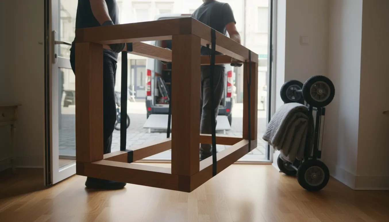 Et massivt træbordstel (ca. 140x90x90 cm) bæres gennem en døråbning af to personer med flyttetæpper og remme.