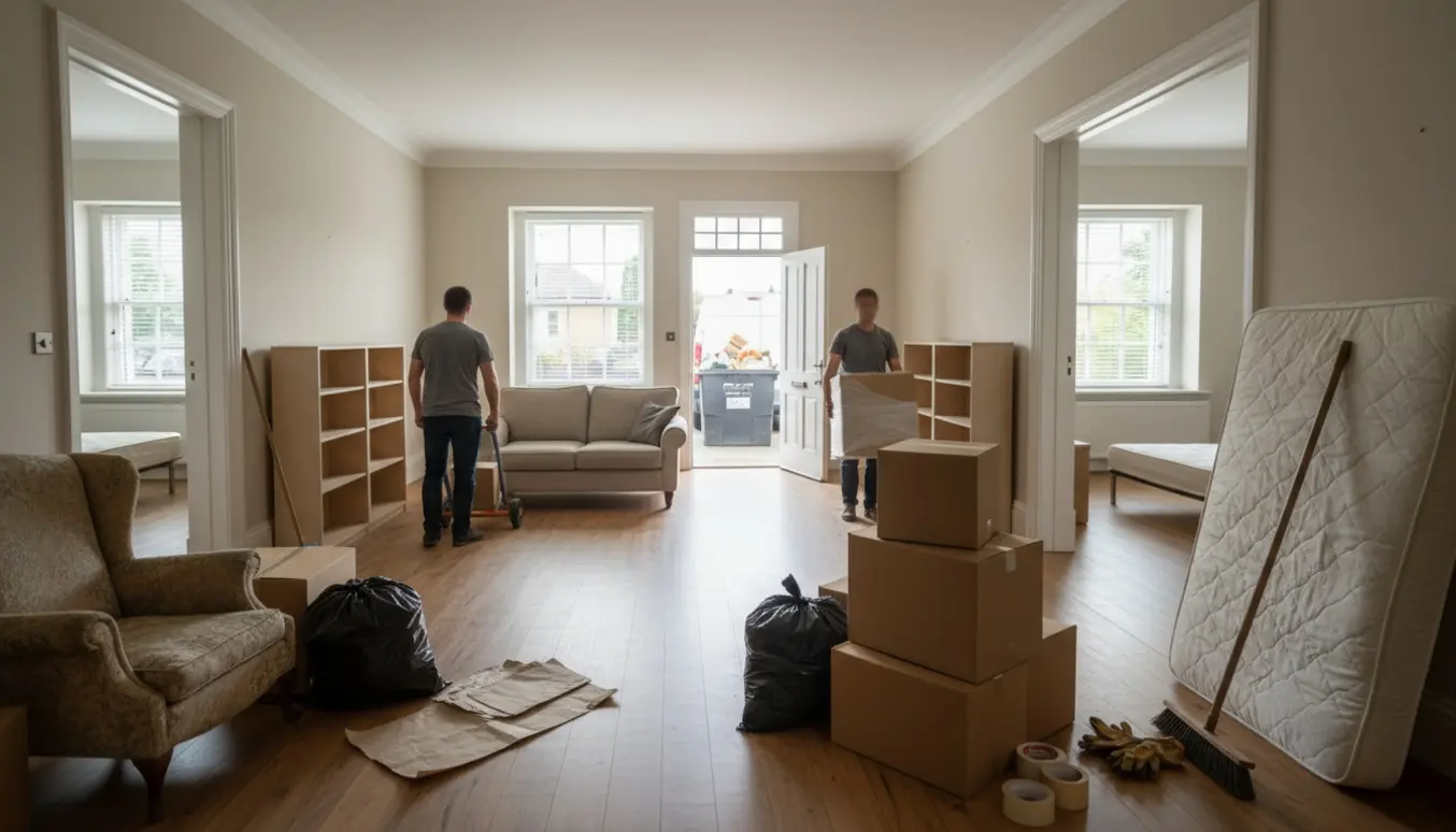 Professionelle rydder et dødsbo i et lyst hjem og flytter møbler, kasser og sække, uden tydelige ansigter.