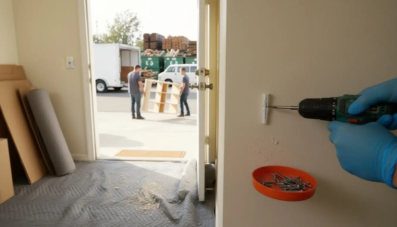 Nærbillede af hænder, der skruer skruer ud af en væg, mens en reol bæres ud mod genbrugspladsen.