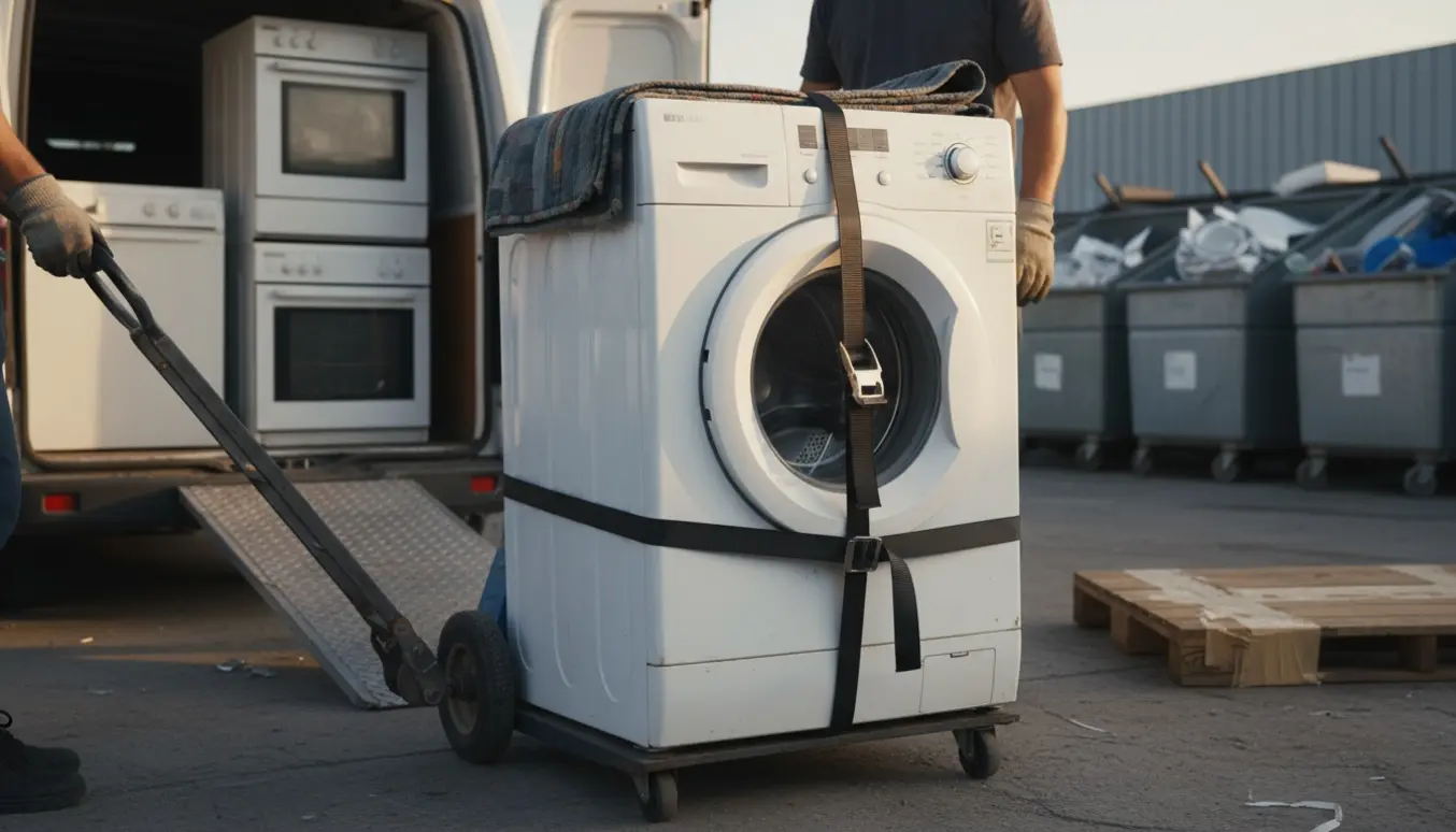 Vaskemaskine læsses på varebil ved genbrugsstationen med sækkevogn og stropper.