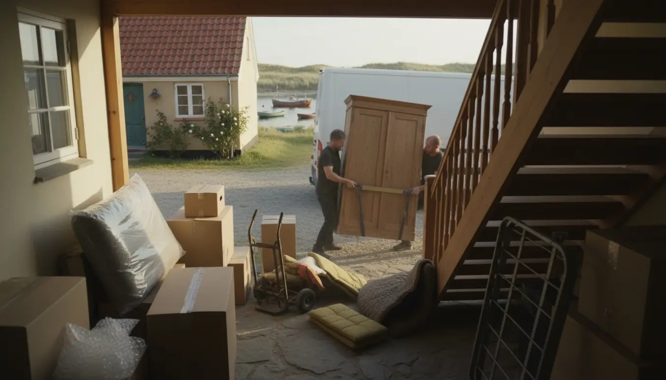 Flyttefolk bærer et tungt klædeskab op ad en trappe i et lille dansk hus ved kysten.