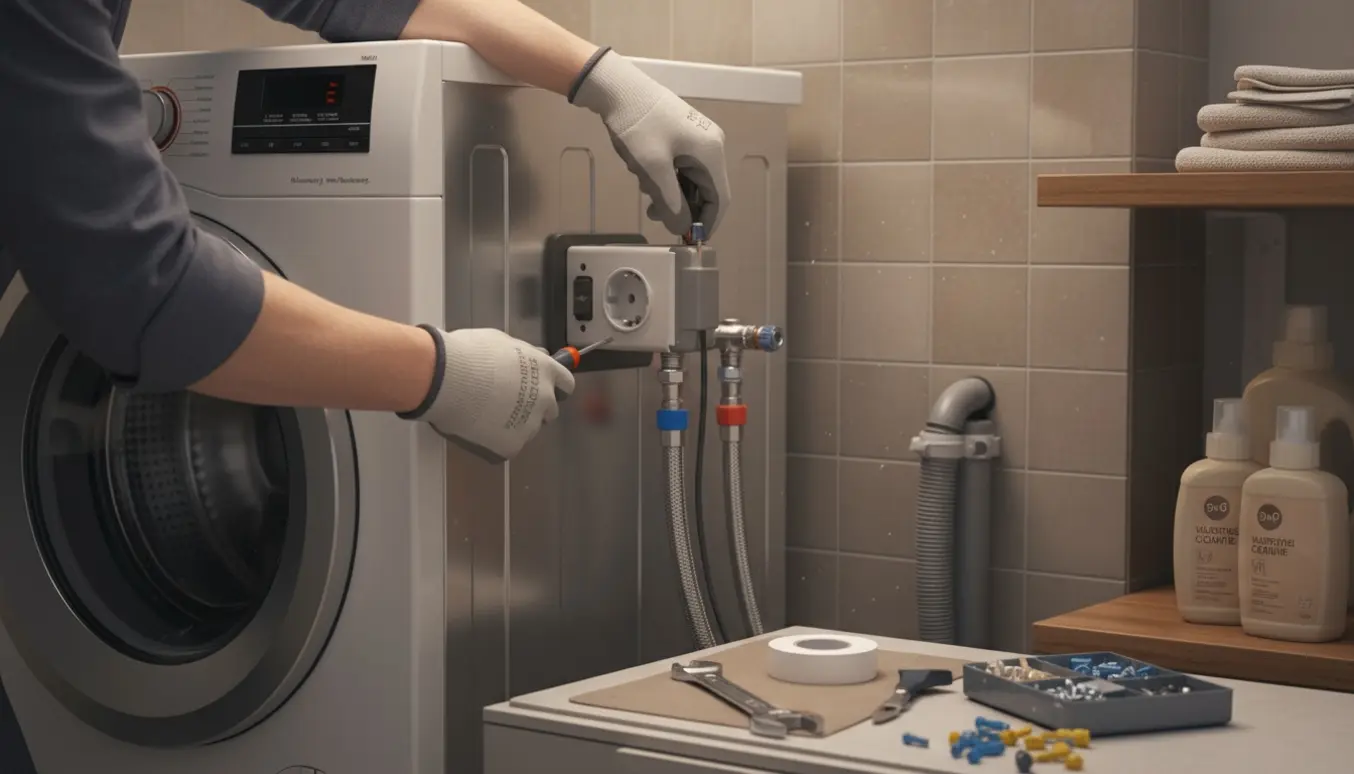 Hænder tilslutter en vaskemaskine og udskifter et kraftstik i et lyst bryggers.