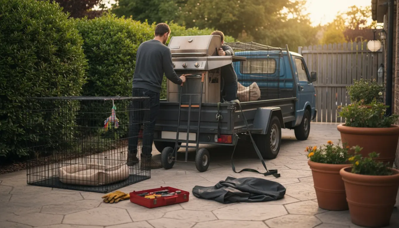 To personer læsser en stor grill og et sammenfoldet kattevolier på en trailer i en baghave.