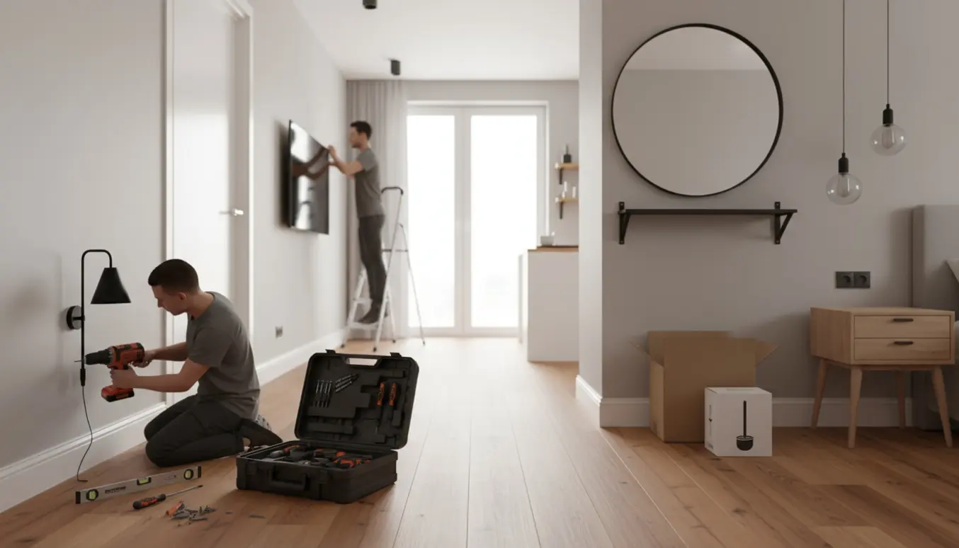 Værktøj og hænder i en lys lejlighed, hvor lamper, hylder, spejle og et TV er ved at blive ophængt.