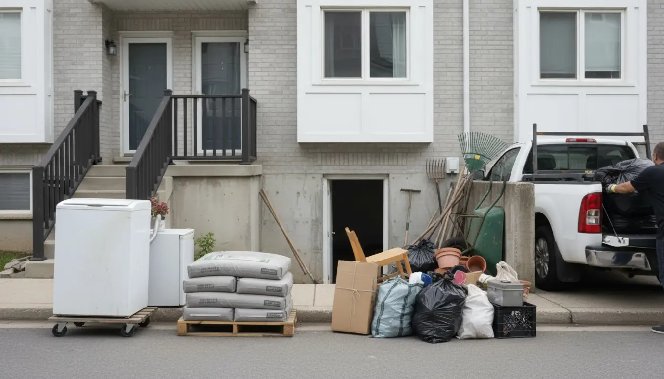 Udendørs oprydningsscene ved husets indgang med smal vaskemaskine, lille køleskab, sække cement og blandet affald klar til bortskaffelse.
