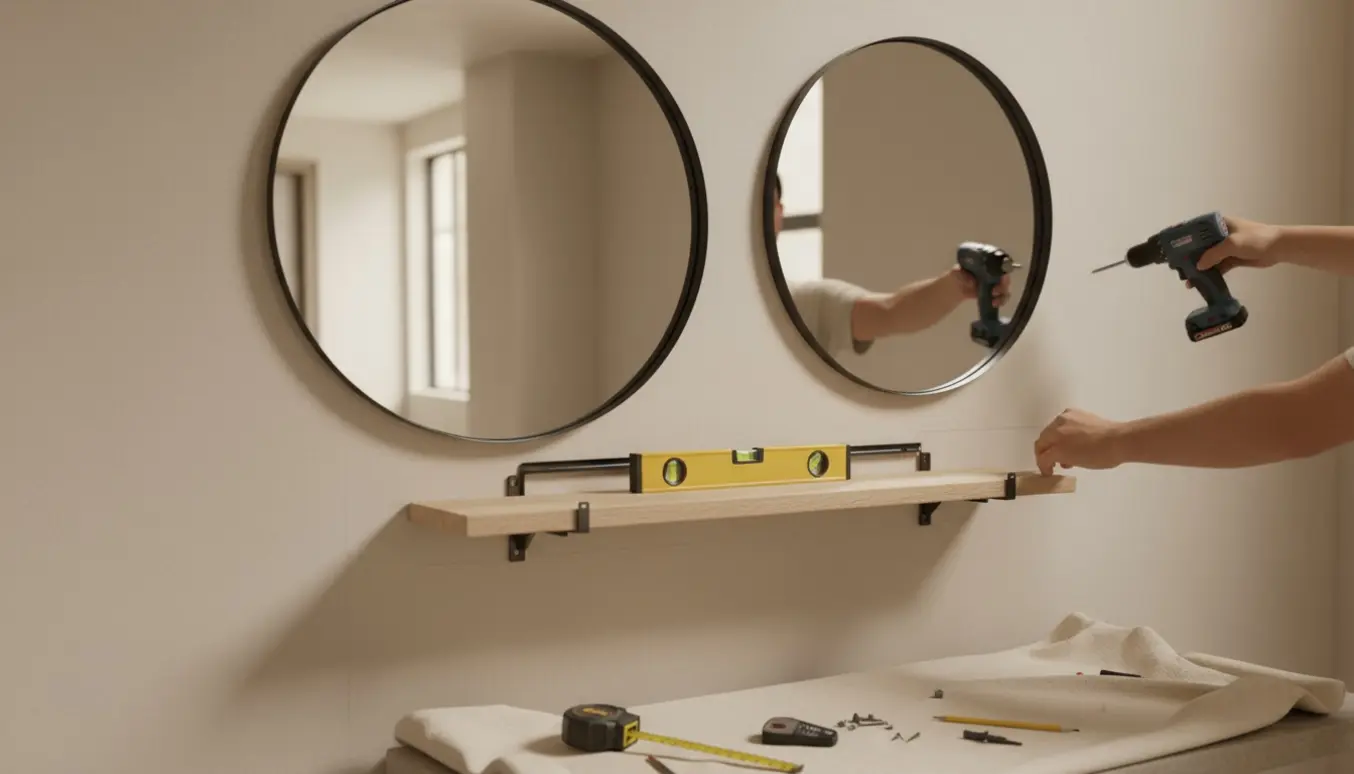 Hænder monterer to runde spejle og en flydende træhylde på en lys væg med vaterpas og boremaskine.