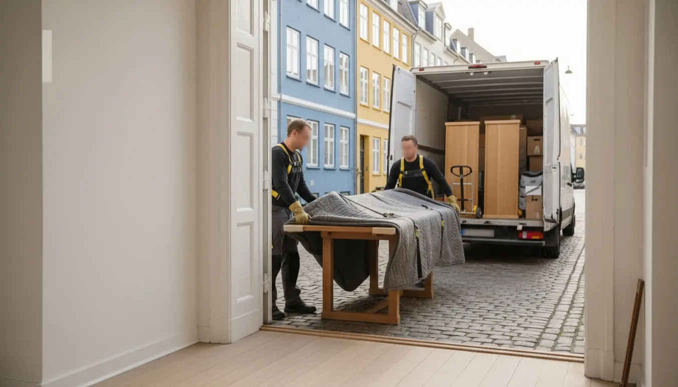 To flyttemænd bærer et langt egetræsspisebord med to indlægsskiver pakket i flyttetæpper fra en lys lejlighed ud mod en ventende flyttebil.