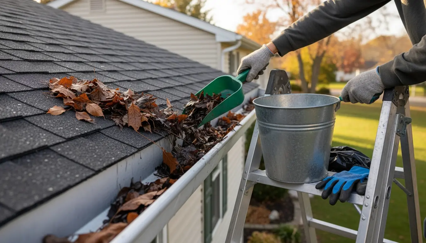 Nærbillede af rengøring af tagrende på étplans parcelhus med stige og handsker, hvor blade fjernes.