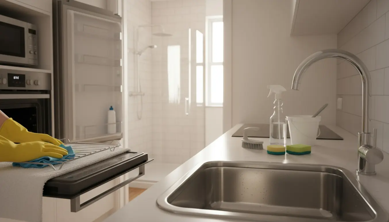 Hænder i handsker pudser et skinnende køkkenarmatur med køkken, åben ovn og brusekabine i baggrunden.