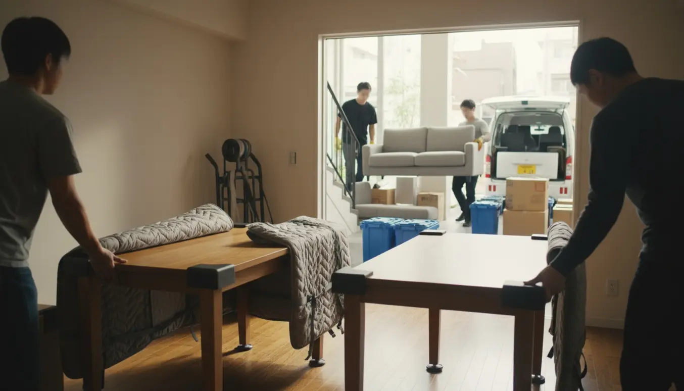 Flyttefolk bærer store træmøbler ind i en lejlighed og sofaer ned ad trappen mod en varebil ved genbrugspladsen.