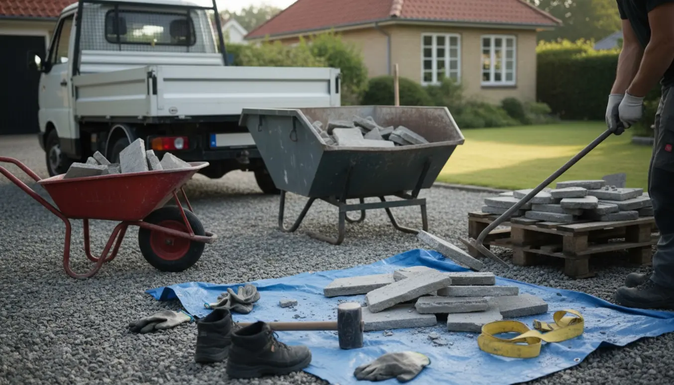 Arbejder læsser knækkede betonfliser på en lastbil i en dansk forstad.