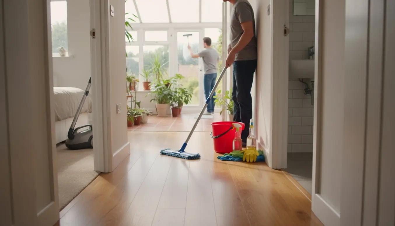 Solbelyst rækkehusgang med en person, der mopper gulvet, rengøringsmidler, støvsuger i et værelse og rene vinduer i udestuen.