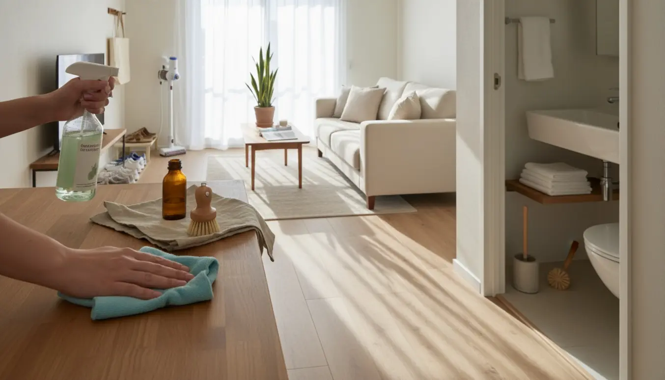 Lys, kompakt lejlighed under rengøring med miljøvenlige rengøringsmidler og nypudset køkkenbord.