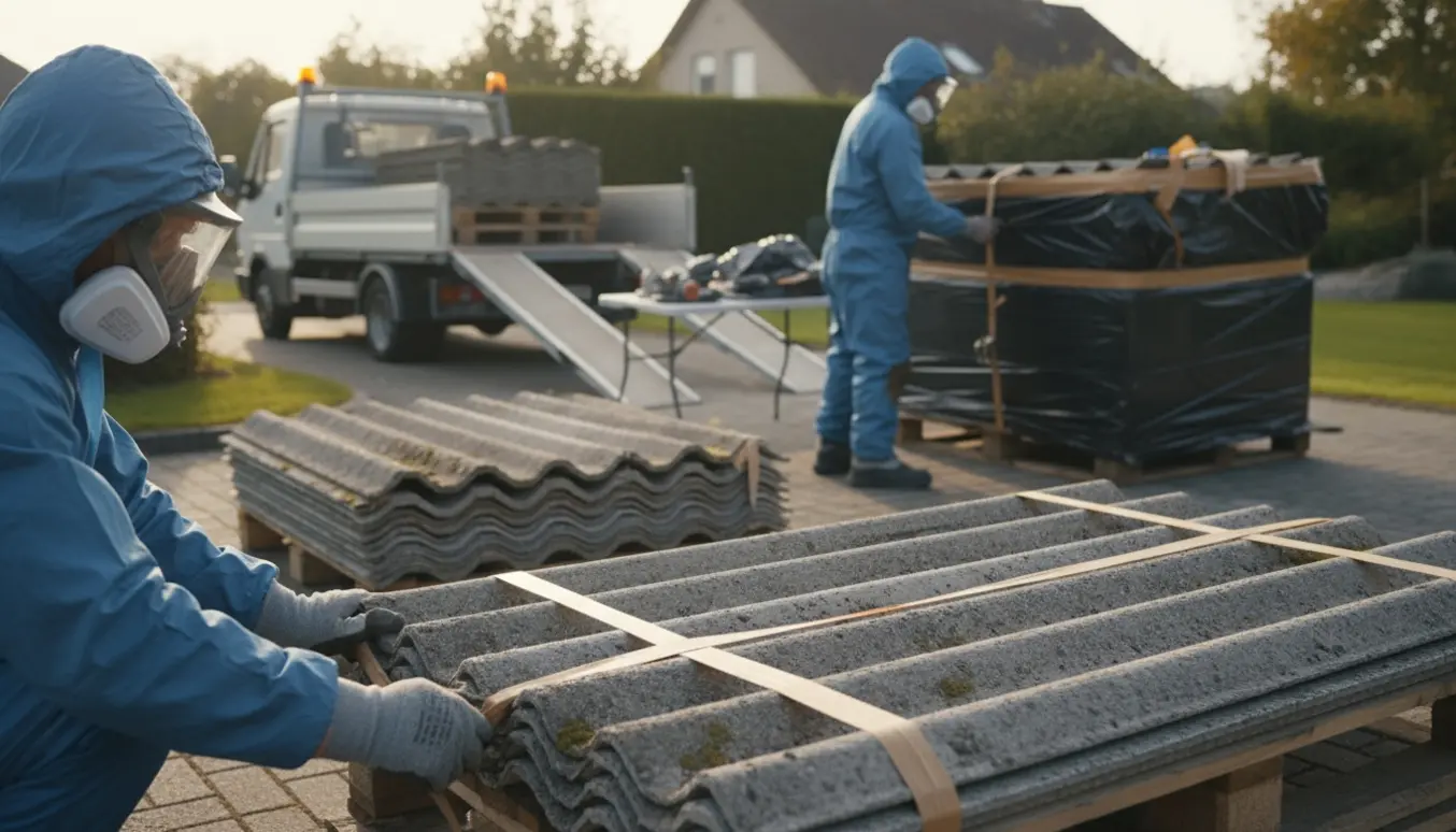 Arbejdere i beskyttelsesdragter pakker og laster eternittagplader ind i en lastbil.