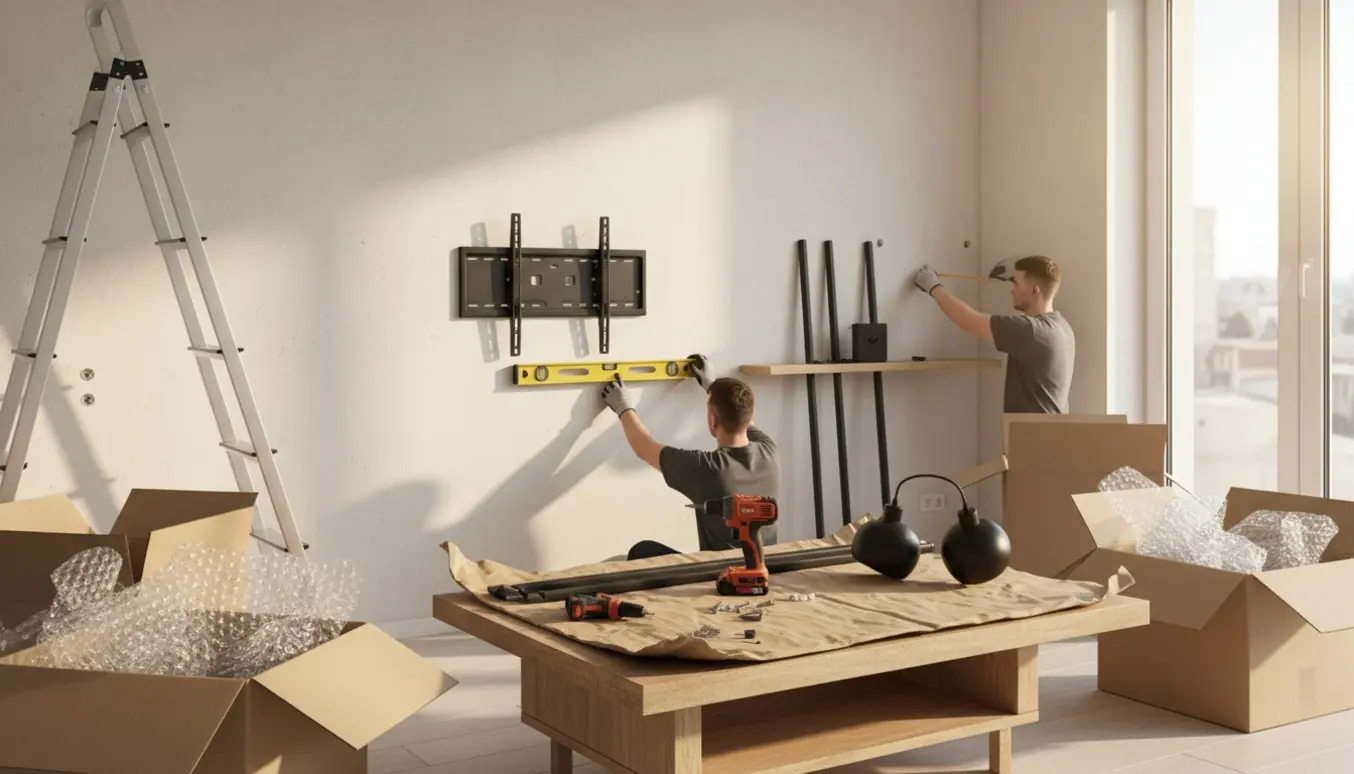 En person monterer gardinstænger, lamper, hylder og et TV-ophæng i en lys stue i et nyt hus, kun hænder og værktøj er synlige.