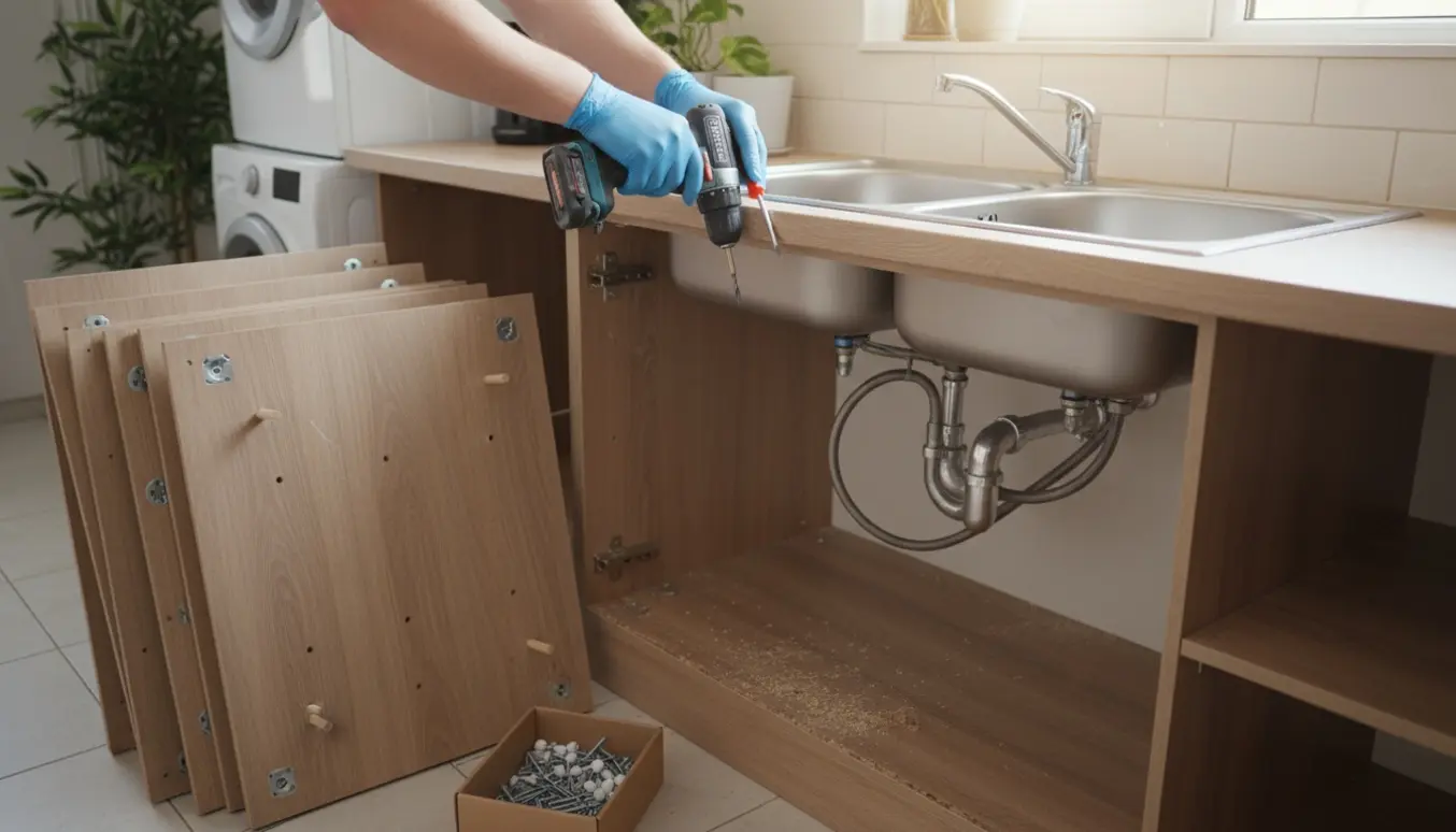 Hænder udskifter underskab under køkkenvask med boremaskine og nye skabsdele klar ved siden af.