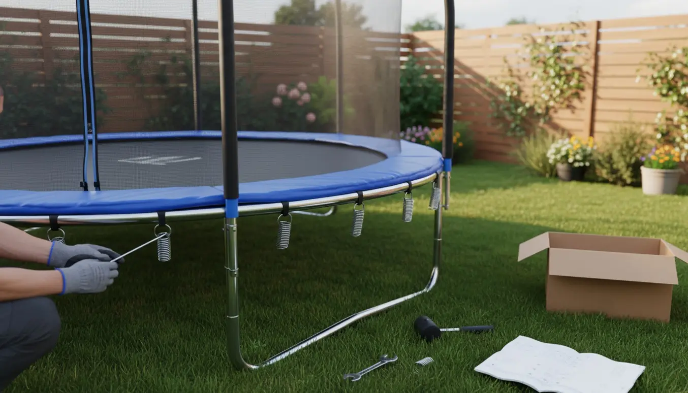 Ny stor trampolin monteres i en solrig have med hænder, værktøj og delvist påsat sikkerhedsnet.