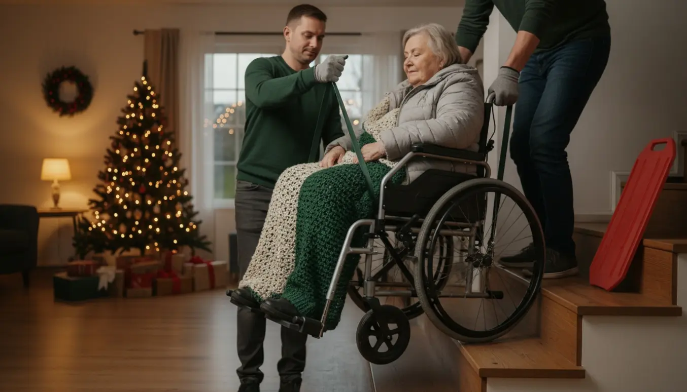 Ældre kvinde i kørestol løftes forsigtigt op ad syv trappetrin af hjælpere i en hyggelig juleaftenstue.