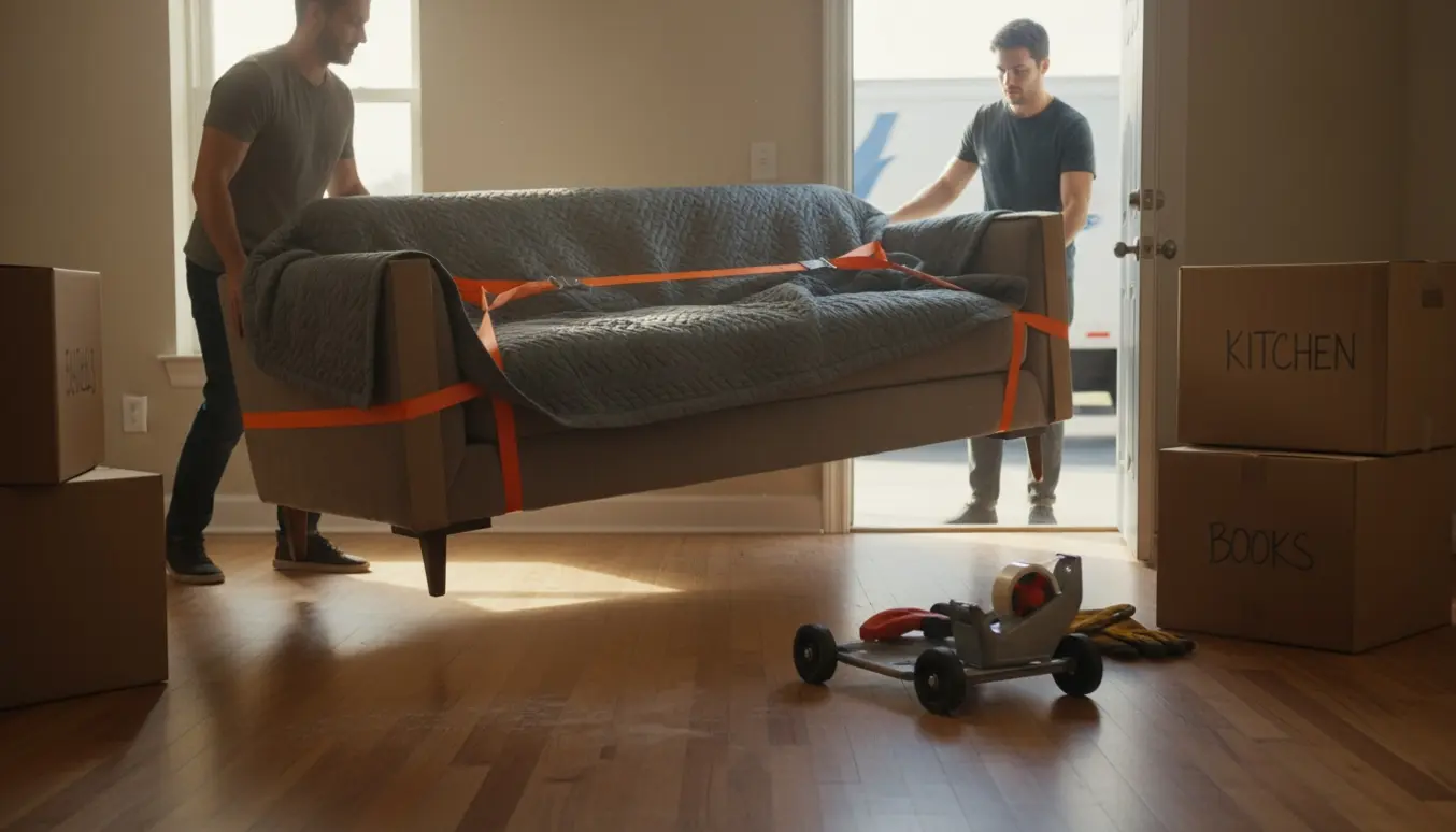 To personer løfter en sofa gennem en lejligheds døråbning, pakket i flyttetæpper med flyttekasser og dolly ved siden af.