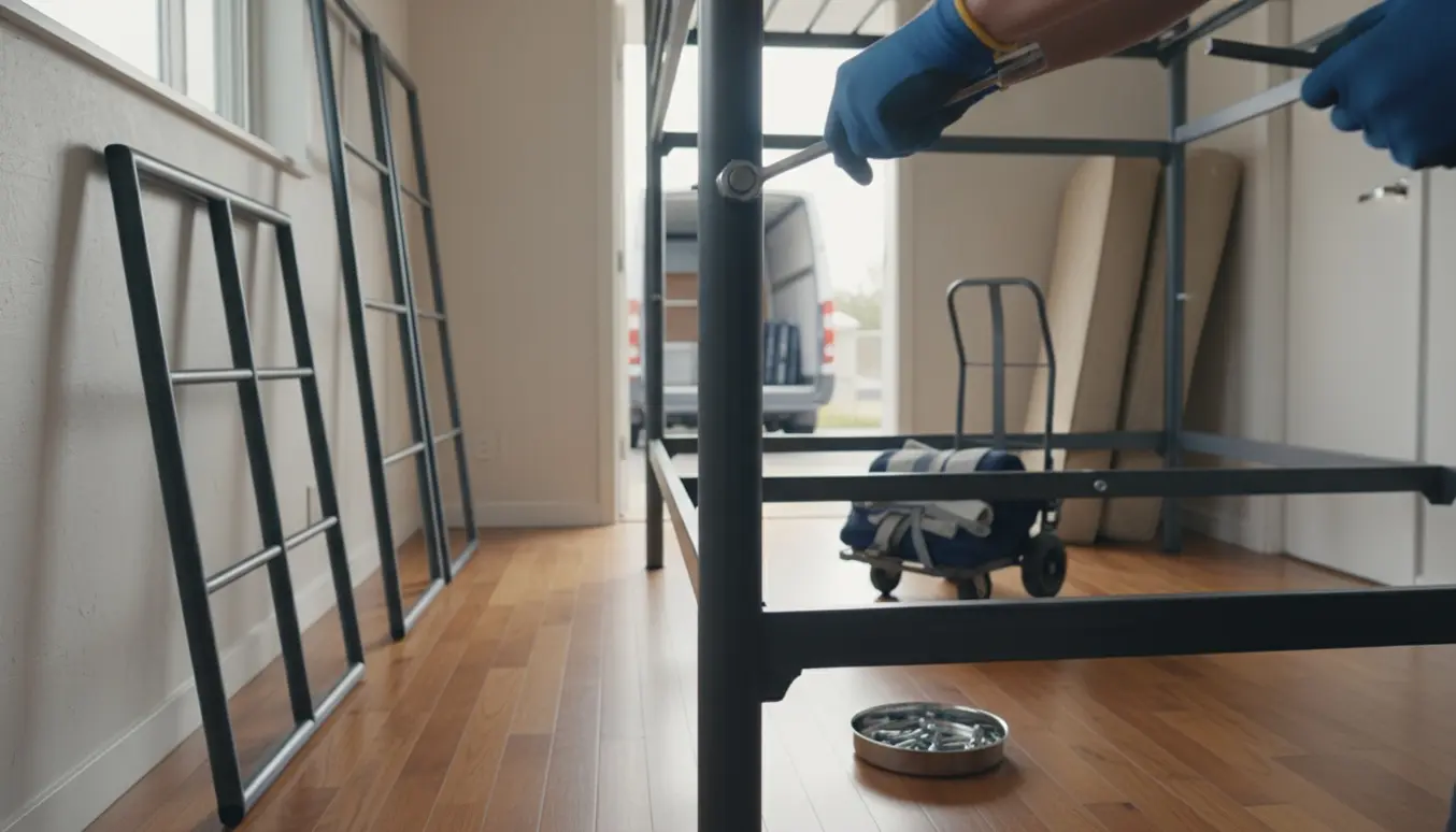 To høje stål køjesenge adskilles i en lys stue med værktøj, dele og en kort trappe i baggrunden.