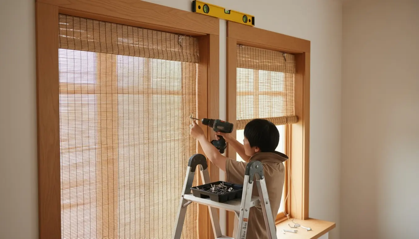 Hænder monterer bambus rullegardiner på høje vinduesrammer med boremaskine, vaterpas og trappestige.