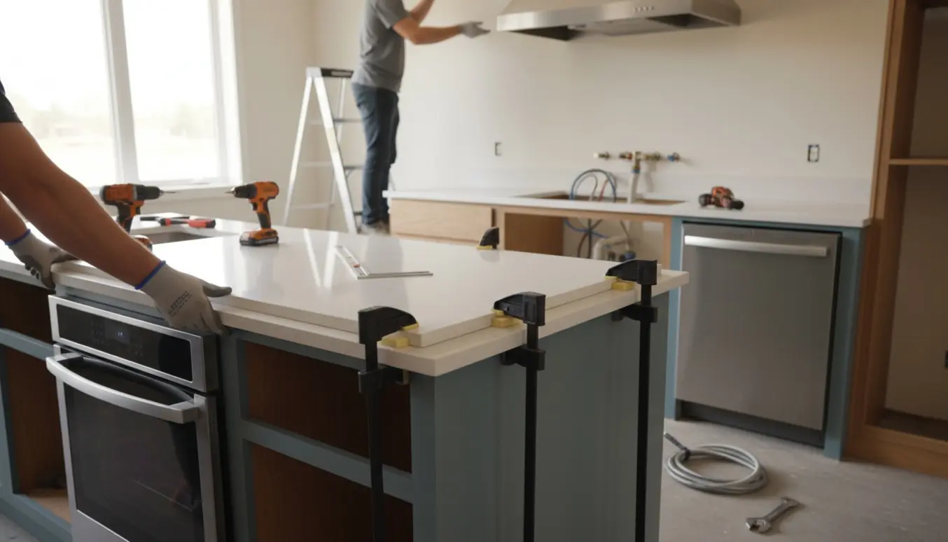 Ny bordplade monteres i køkkenet, mens integrerede hvidevarer som ovn, opvaskemaskine og emhætte installeres.