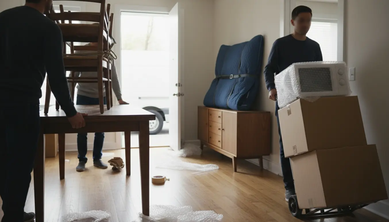 Flytning: to personer bærer et spisebord med stole, kasser og en indpakket skænk i en lys entré.