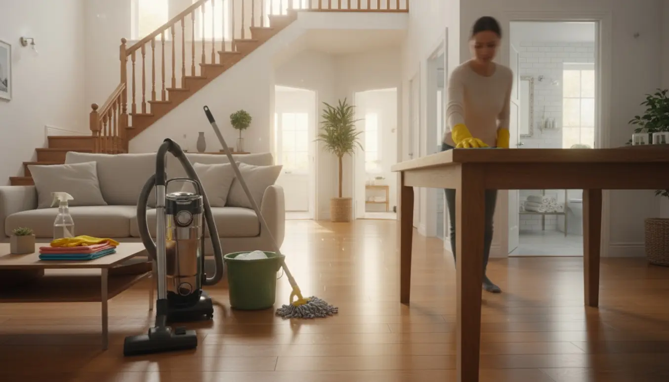 Soloplyst, nypudset to-etagers husinteriør med rengøringsudstyr i forgrunden.