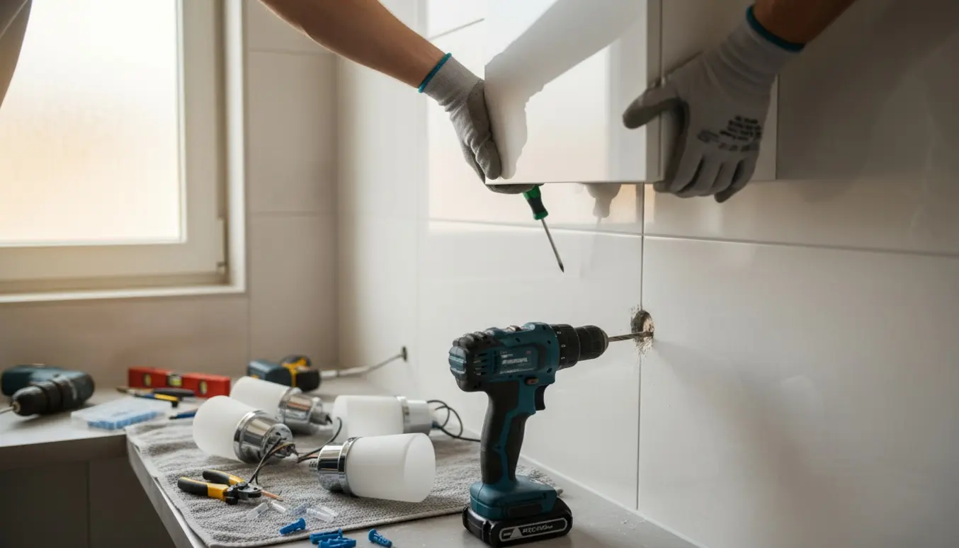Hænder monterer et lille badeværelsesskab på fliser med en borehammer i nærheden og tre lamper samt værktøj klar.
