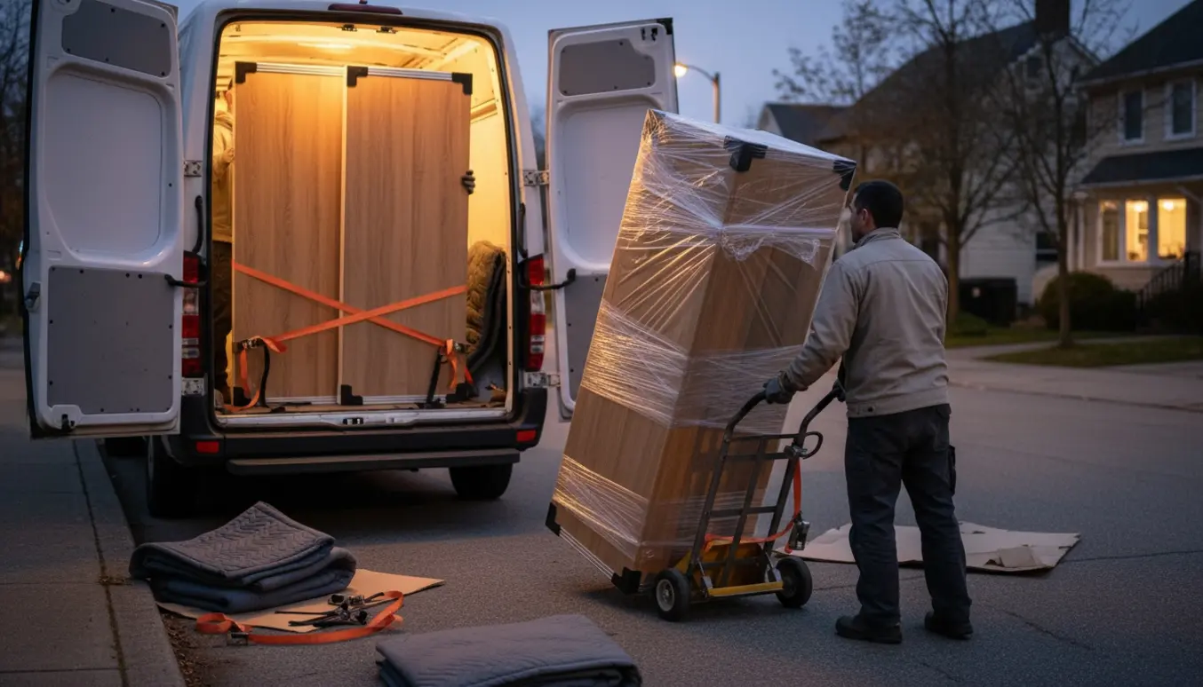 To personer læsser et tredelt garderobeskab ind i en åben varevogn ved skumring.