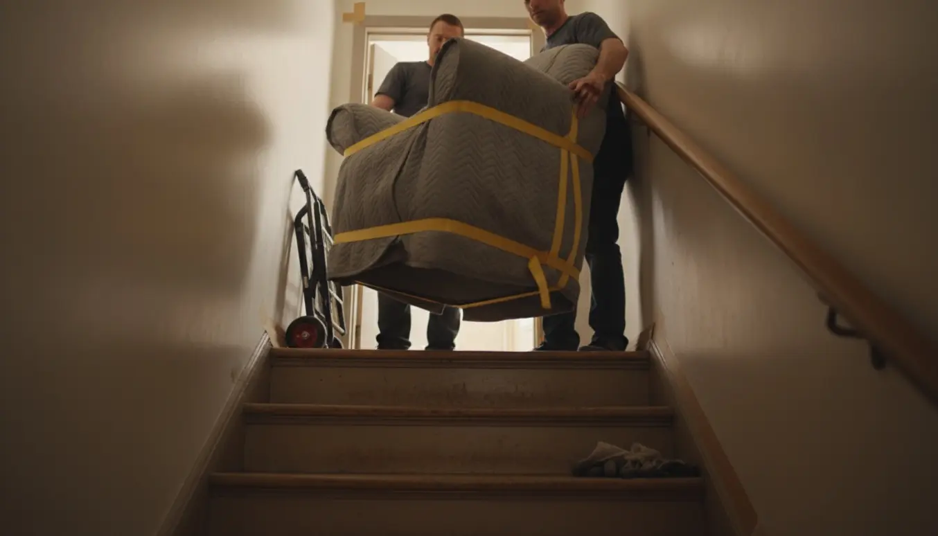 To personer bærer en indpakket lænestol op ad en trappe mod 2. sal med flytteudstyr i baggrunden.