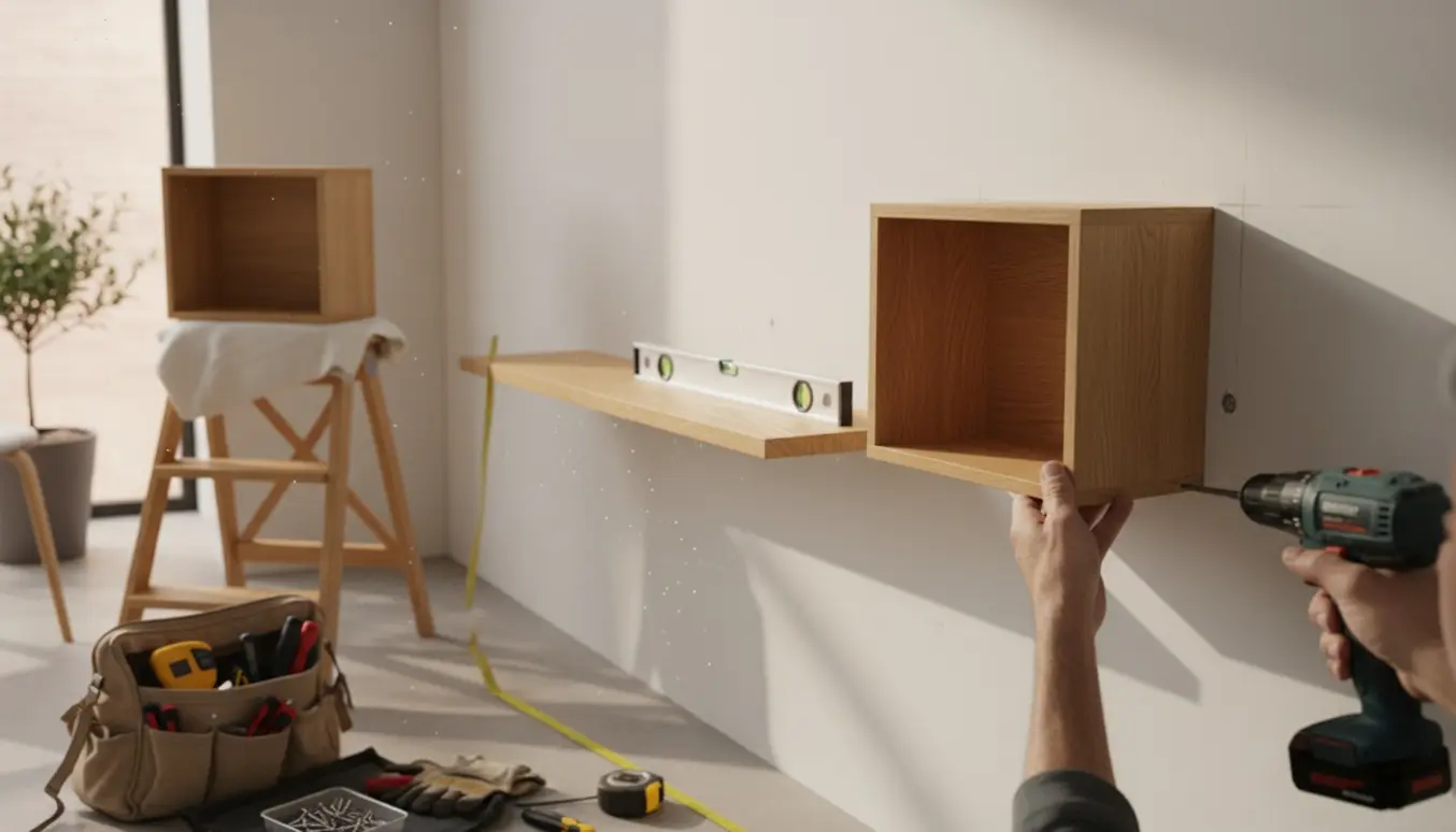 Hænder monterer en lille hylde og tre kassehylder på en gipsvæg med værktøj og vaterpas ved siden af.